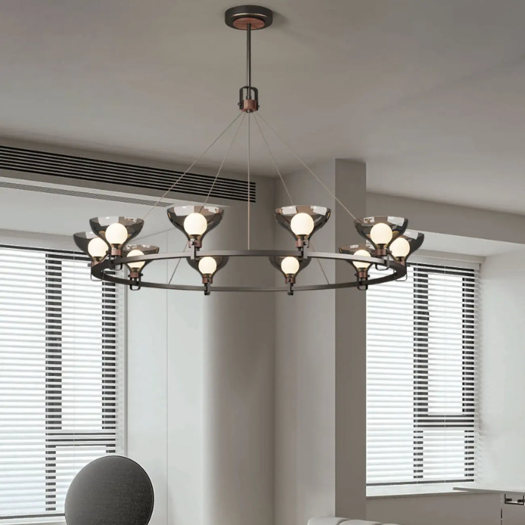 Lustre industriel en métal noir avec abat-jour en verre gris