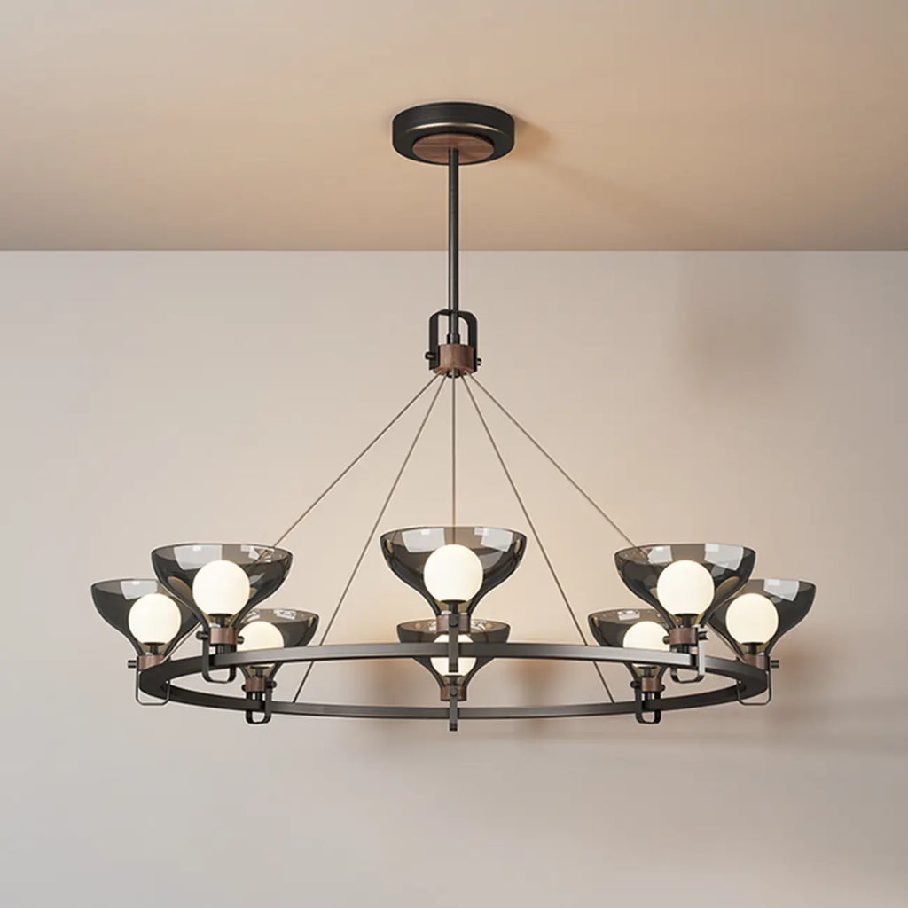 Lustre industriel en métal noir avec abat-jour en verre gris