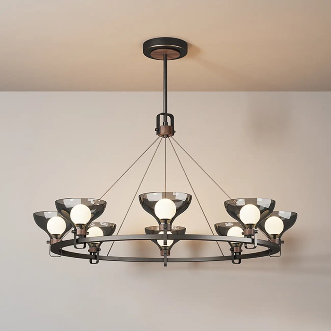 Lustre industriel en métal noir avec abat-jour en verre gris
