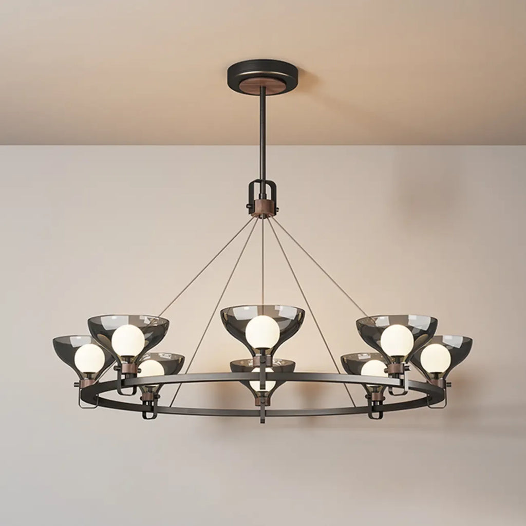 Lustre industriel en métal noir avec abat-jour en verre gris