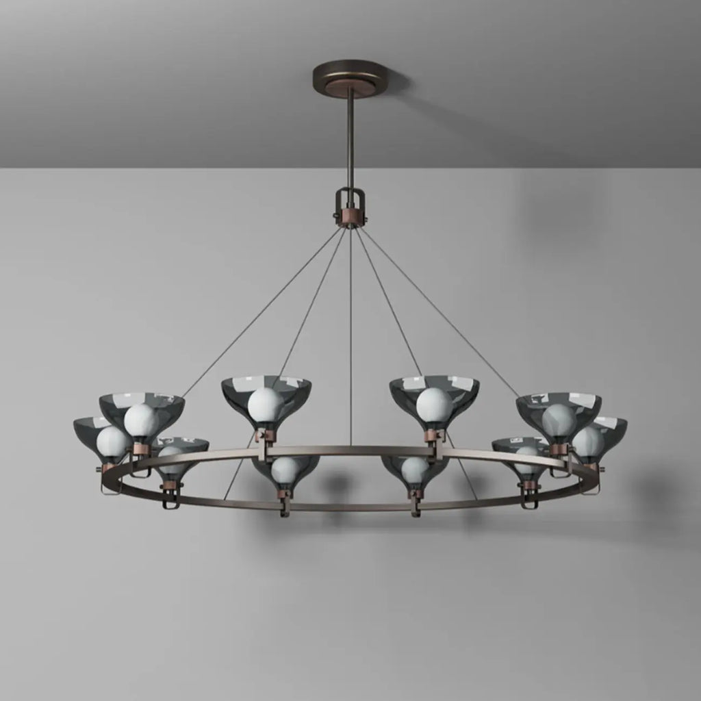Lustre industriel en métal noir avec abat-jour en verre gris