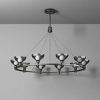 Lustre industriel en métal noir avec abat-jour en verre gris