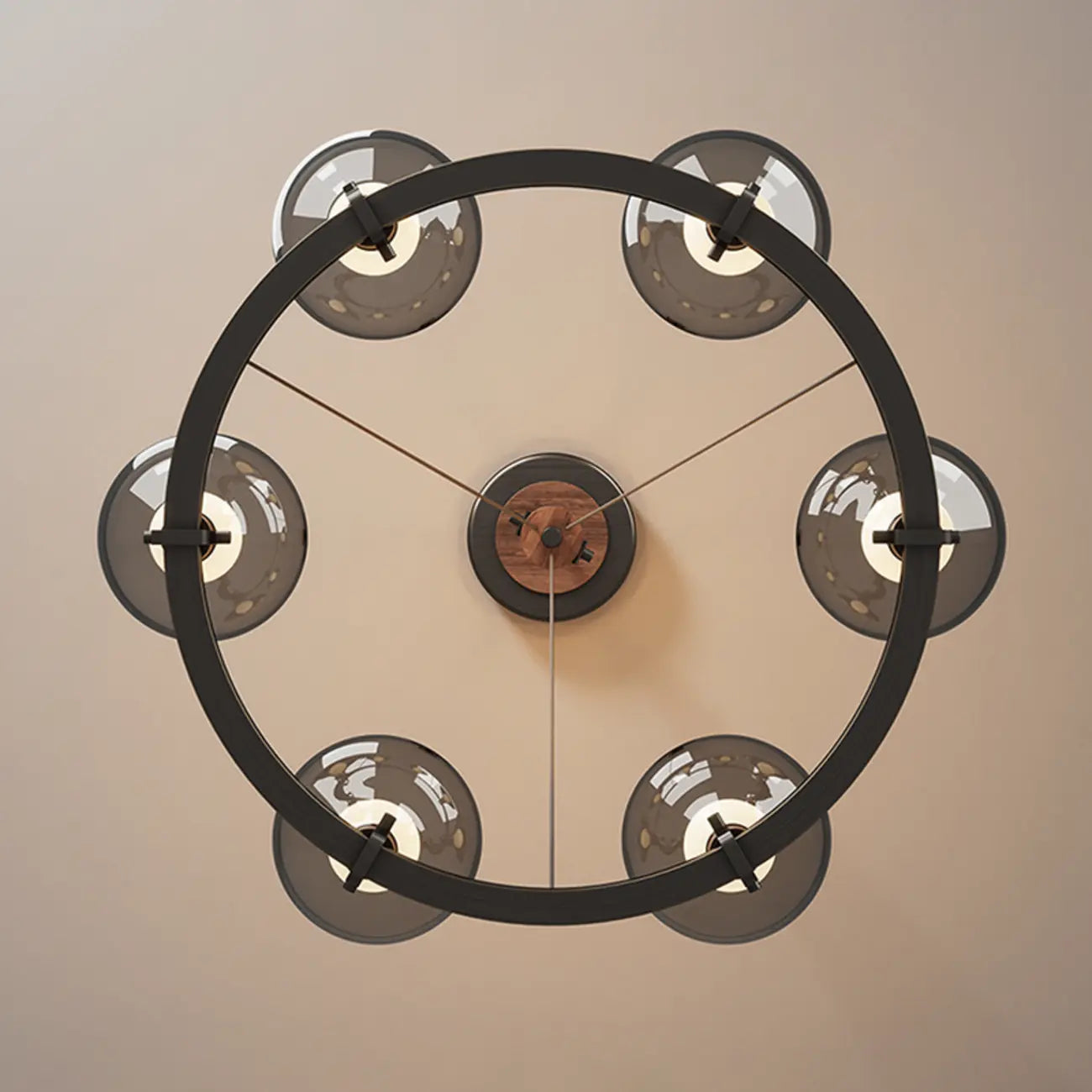 Lustre industriel en métal noir avec abat-jour en verre gris