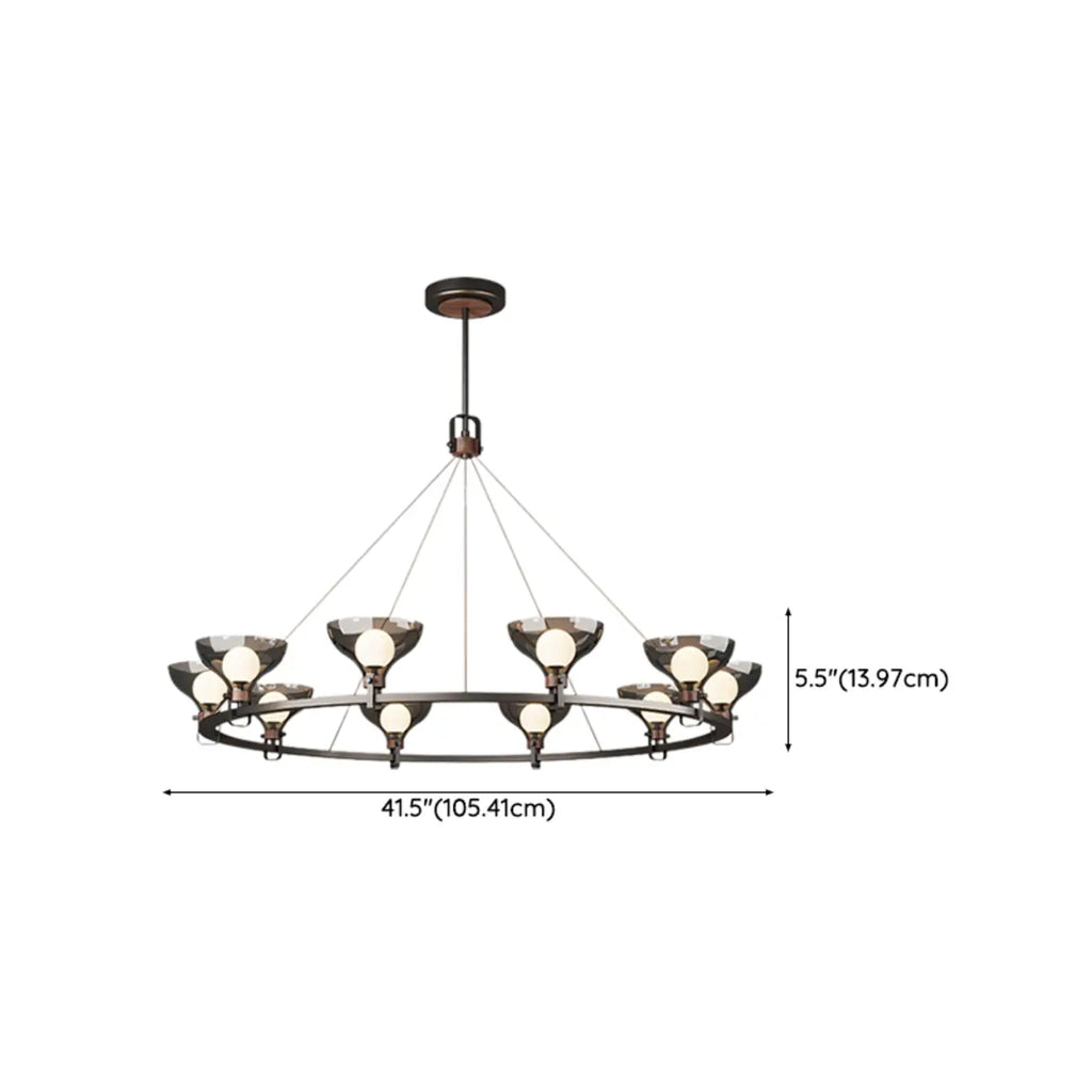 Lustre industriel en métal noir avec abat-jour en verre gris