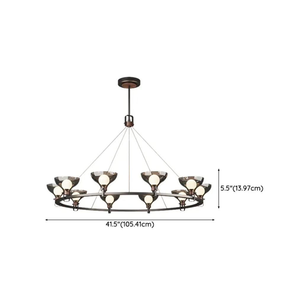 Lustre industriel en métal noir avec abat-jour en verre gris