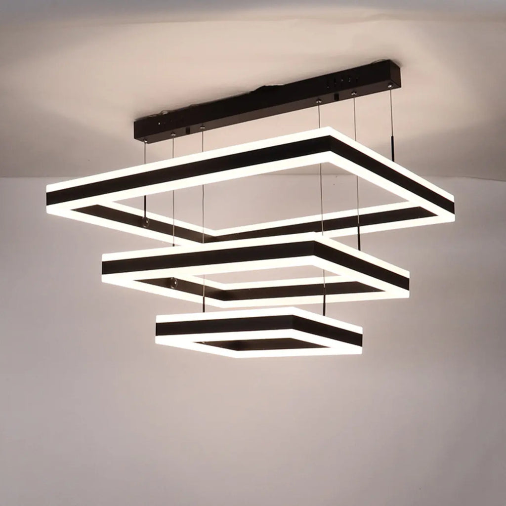Lustre moderne linéaire carré à 3 niveaux avec LED à intensité variable