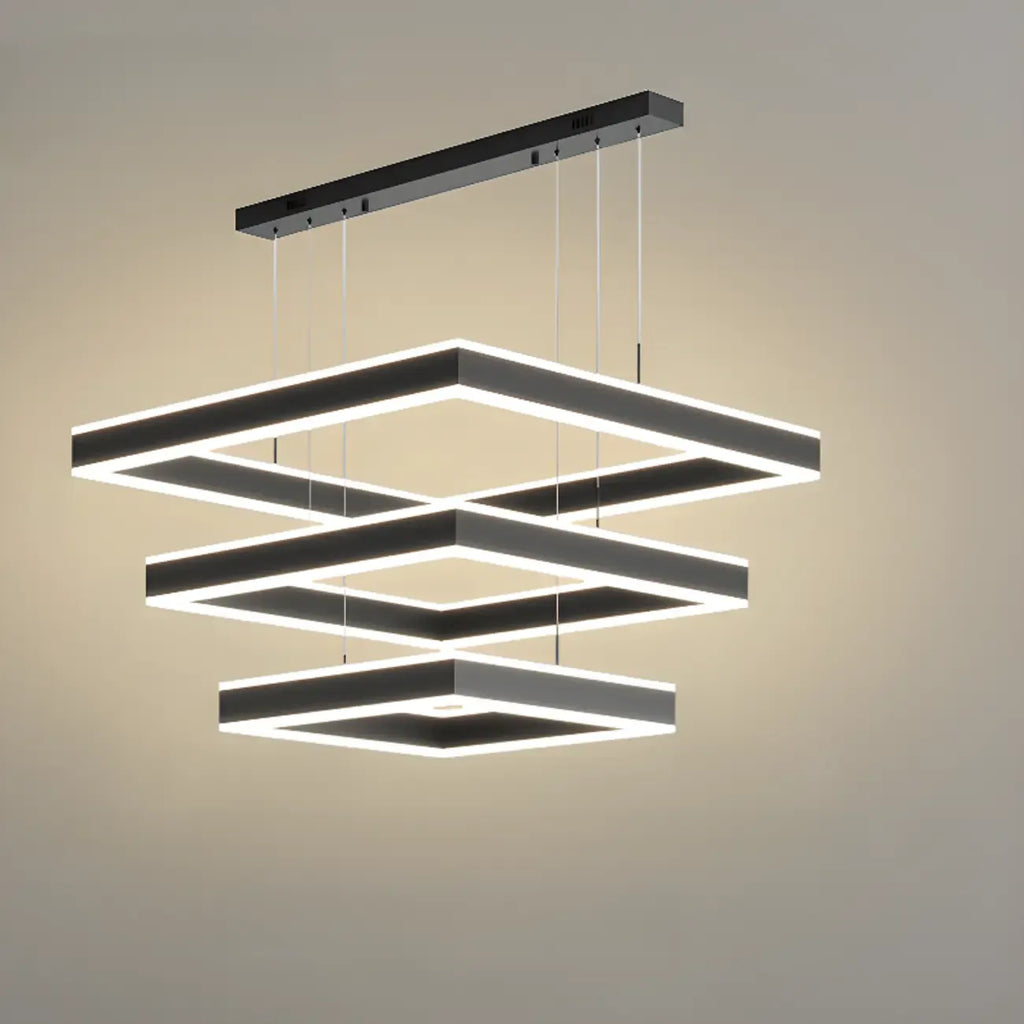 Lustre moderne linéaire carré à 3 niveaux avec LED à intensité variable