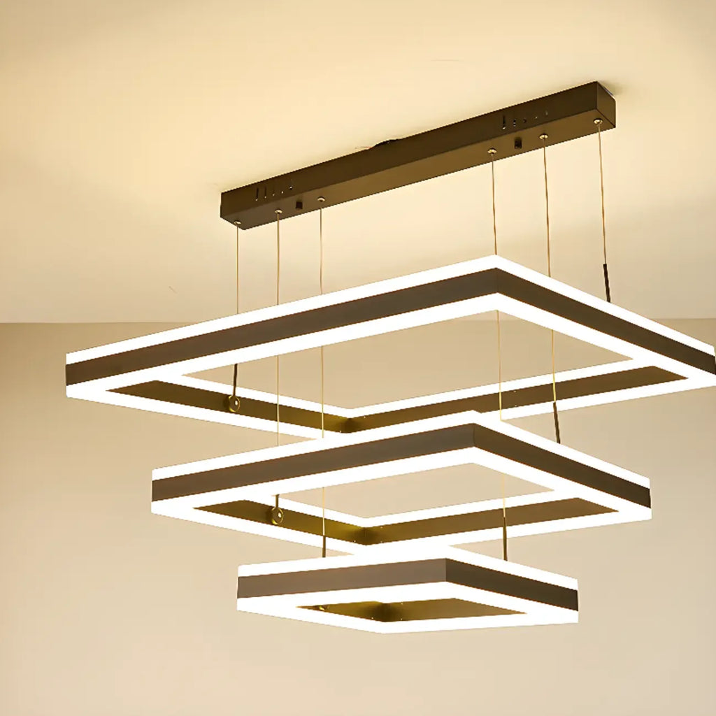 Lustre moderne linéaire carré à 3 niveaux avec LED à intensité variable