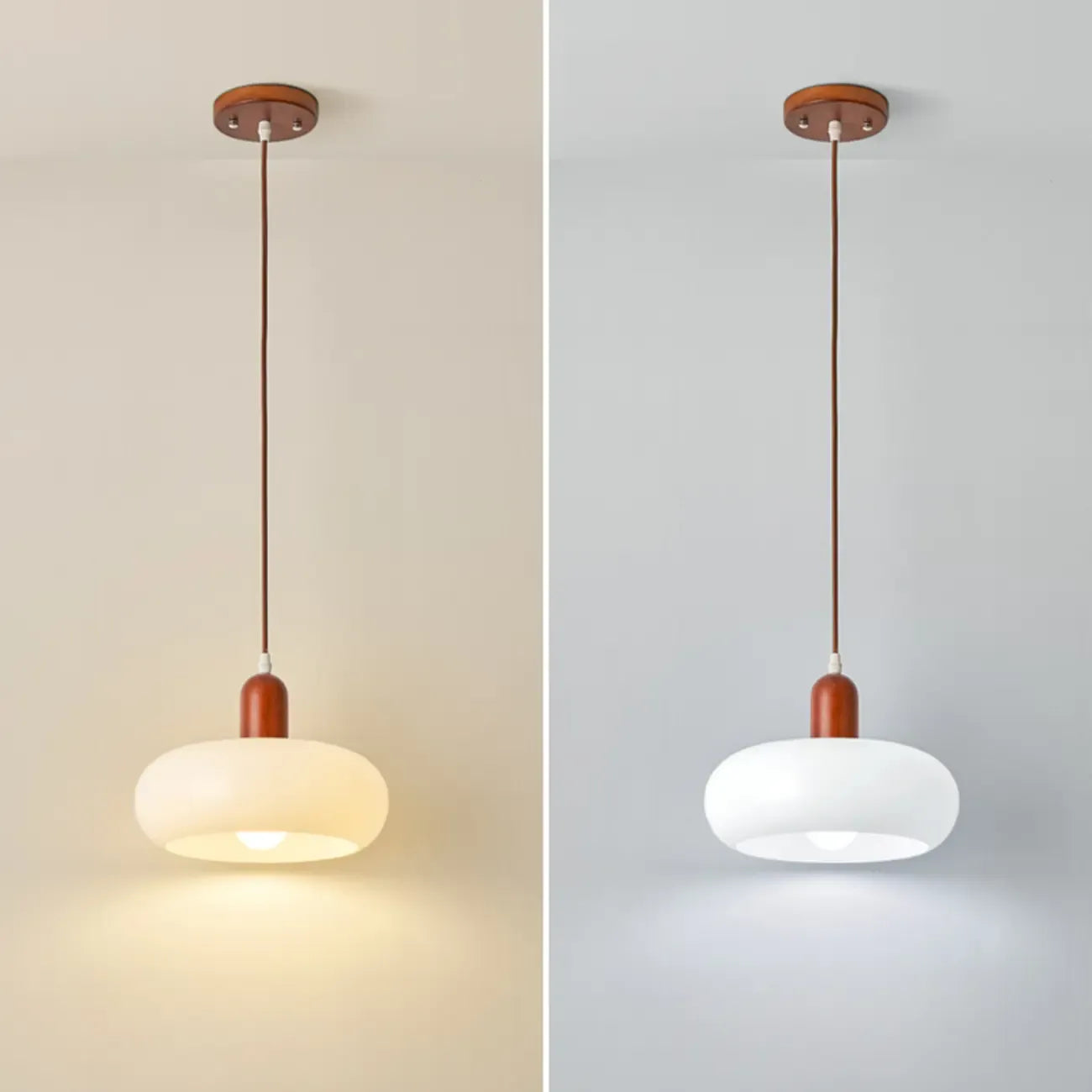 Suspension moderne en verre blanc avec accent en bois massif