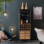 Casier à vin industriel en bois brun avec porte-verres et tiroirs