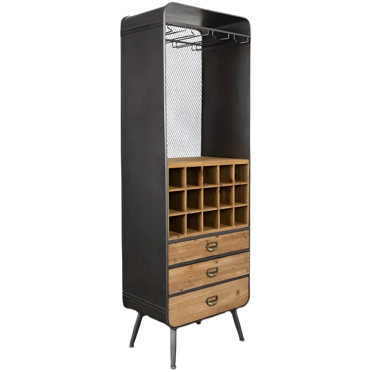 Casier à vin industriel en bois brun avec porte-verres et tiroirs