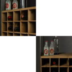 Casier à vin industriel en bois brun avec porte-verres et tiroirs