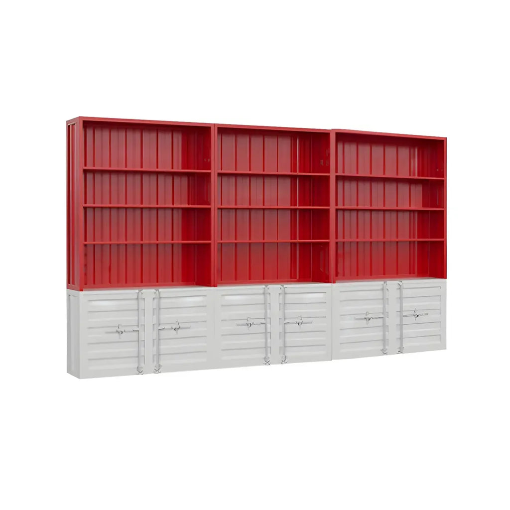Vitrine industrielle en métal rouge avec rangement ouvert pour la maison