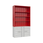 Vitrine industrielle en métal rouge avec rangement ouvert pour la maison