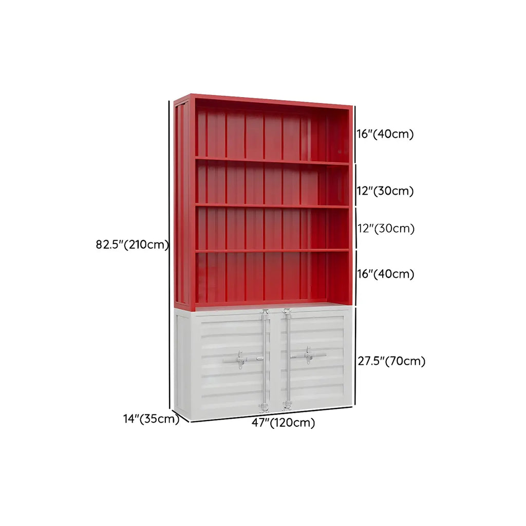 Vitrine industrielle en métal rouge avec rangement ouvert pour la maison