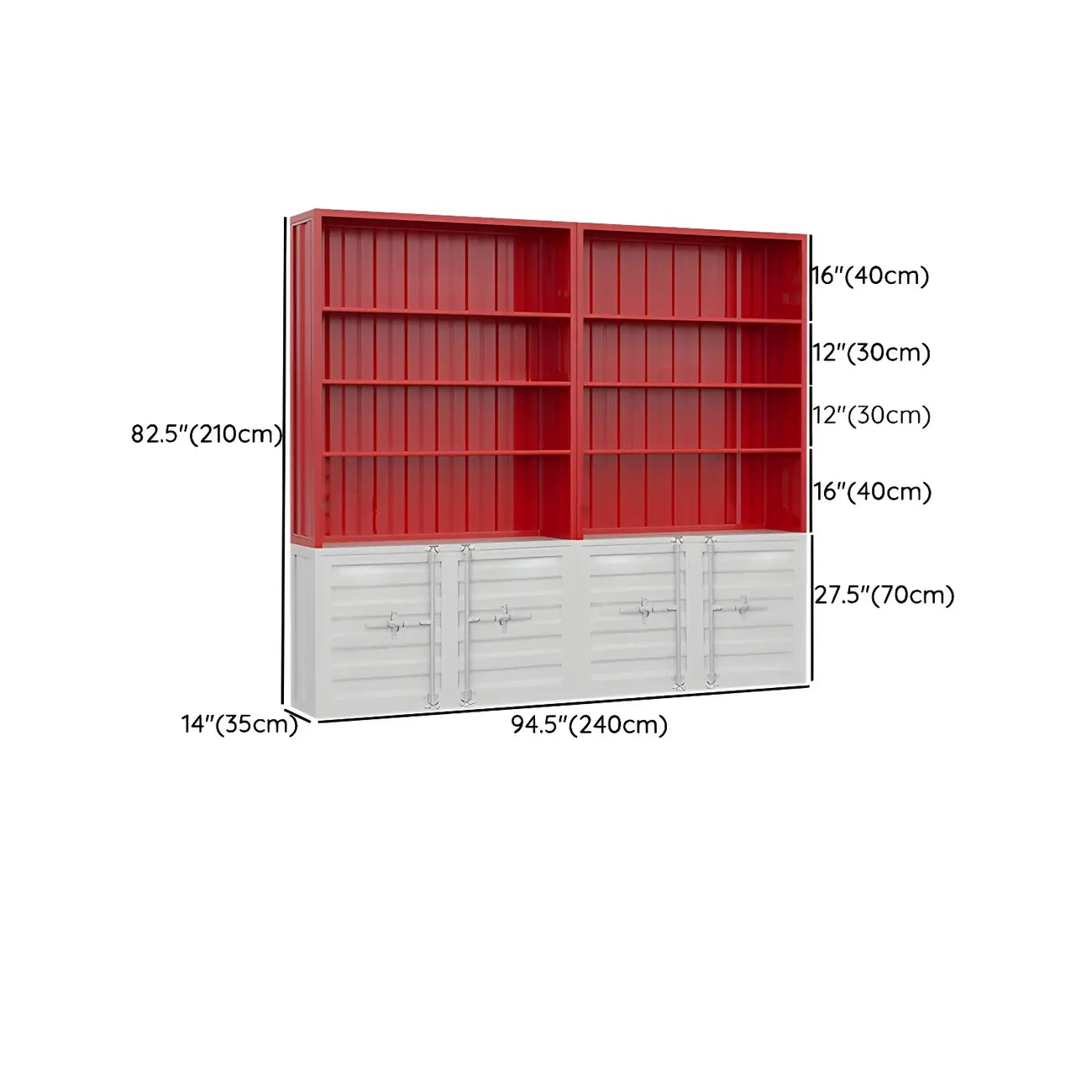 Vitrine industrielle en métal rouge avec rangement ouvert pour la maison