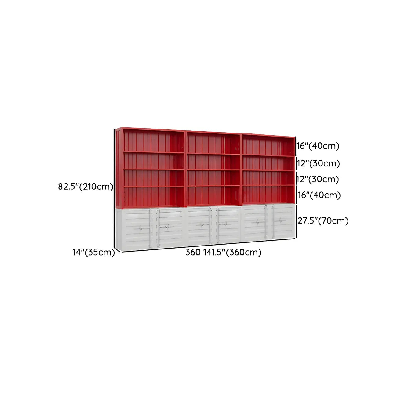 Vitrine industrielle en métal rouge avec rangement ouvert pour la maison