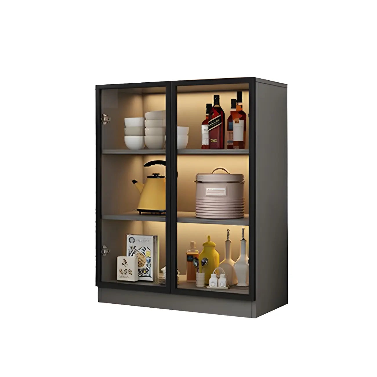Vitrine moderne en bois gris avec portes vitrées