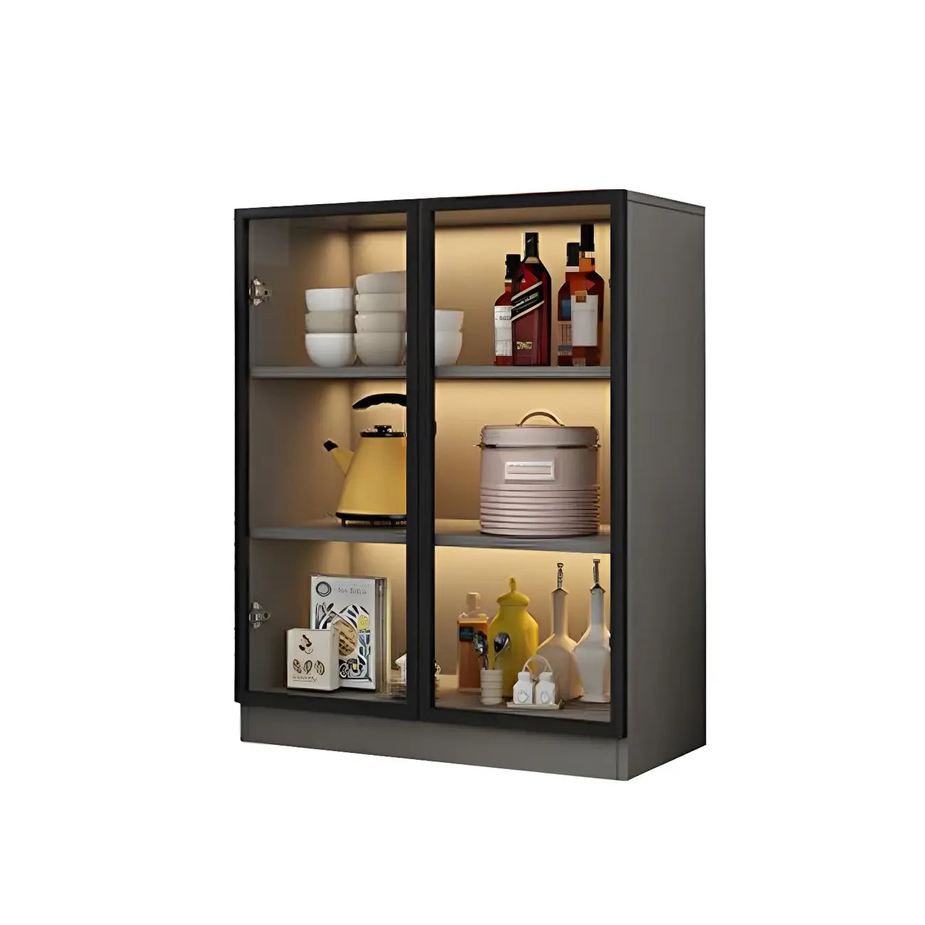 Vitrine moderne en bois gris avec portes vitrées