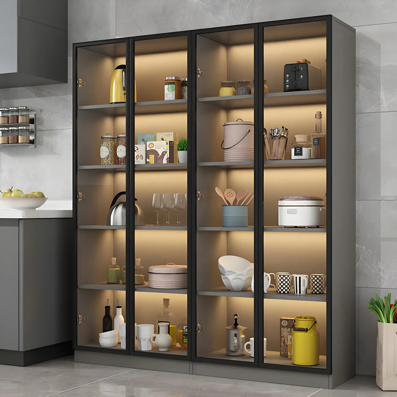Vitrine moderne en bois gris avec portes vitrées