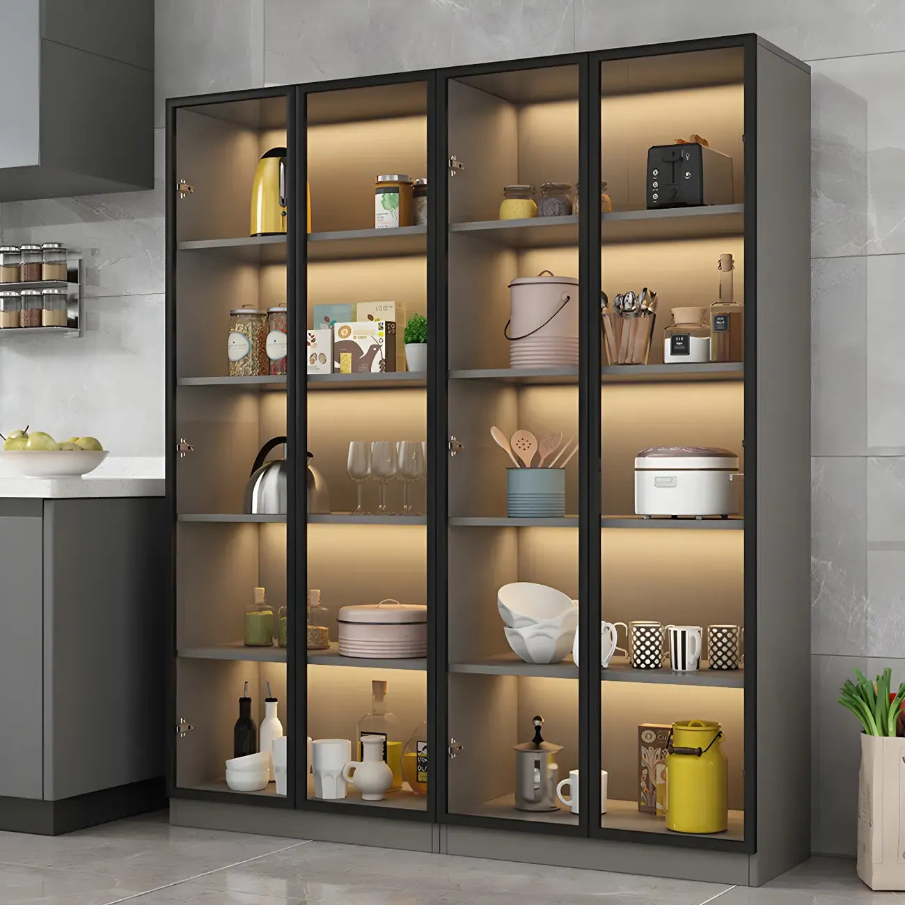 Vitrine moderne en bois gris avec portes vitrées