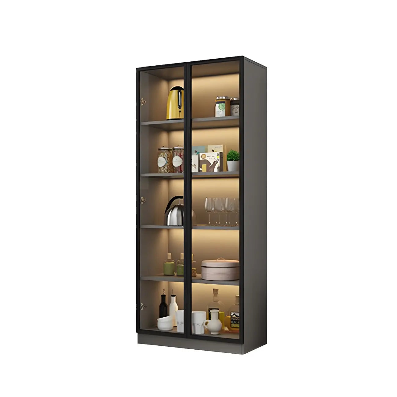 Vitrine moderne en bois gris avec portes vitrées