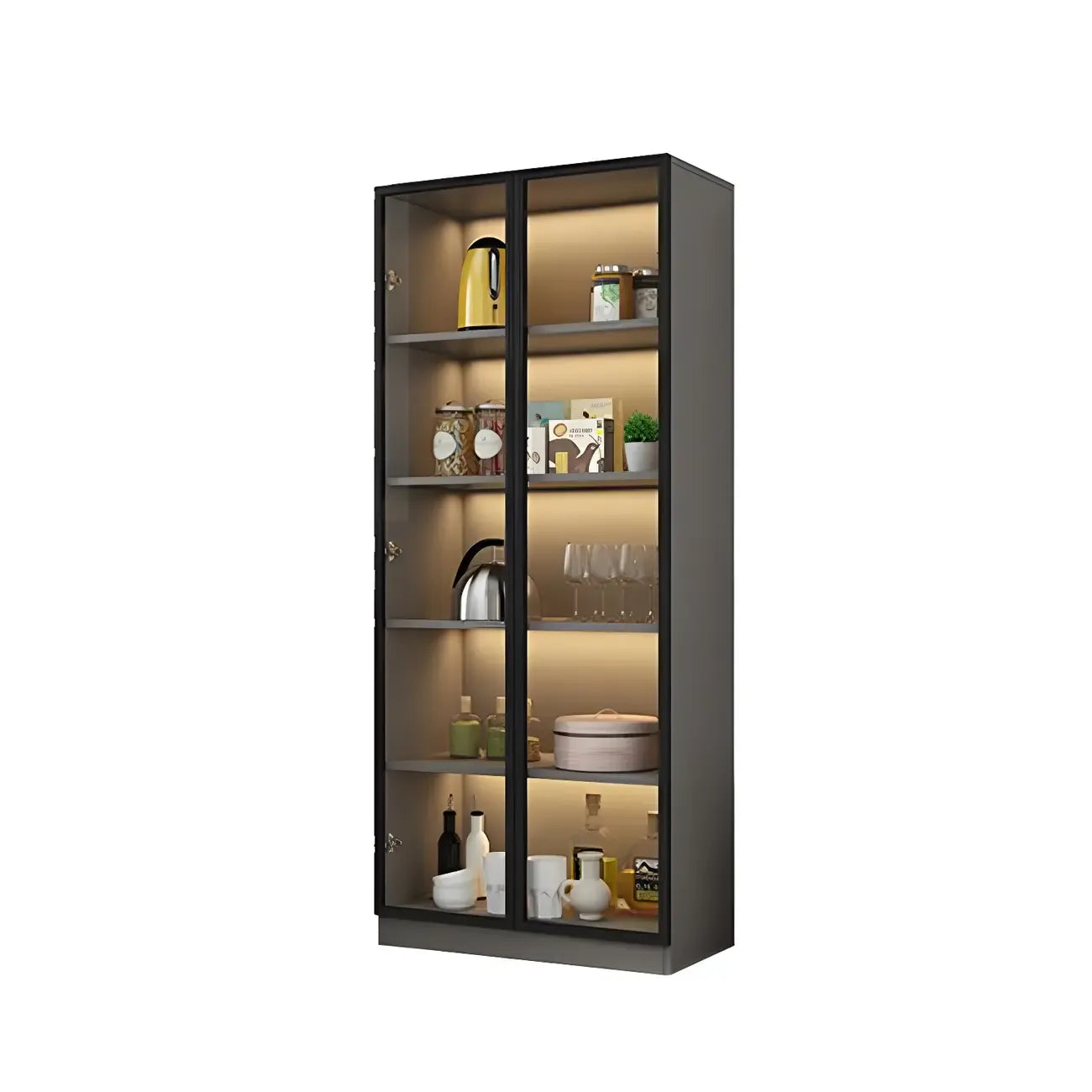 Vitrine moderne en bois gris avec portes vitrées