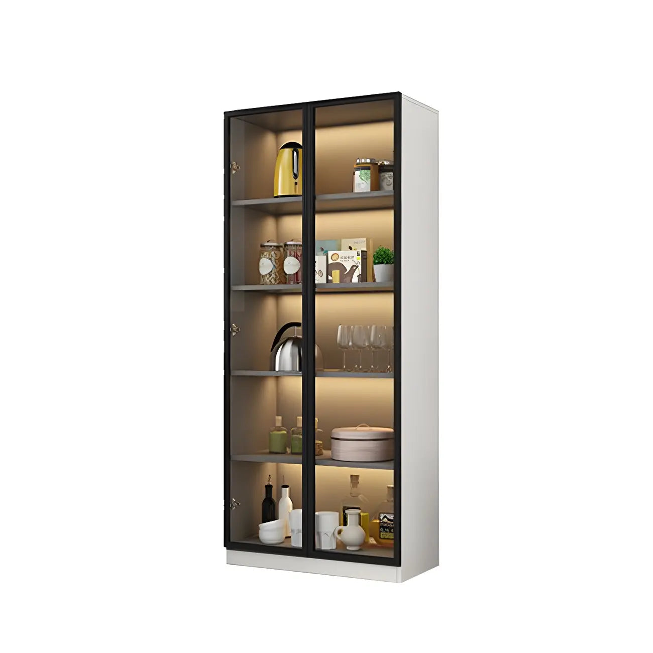Vitrine moderne en bois gris avec portes vitrées