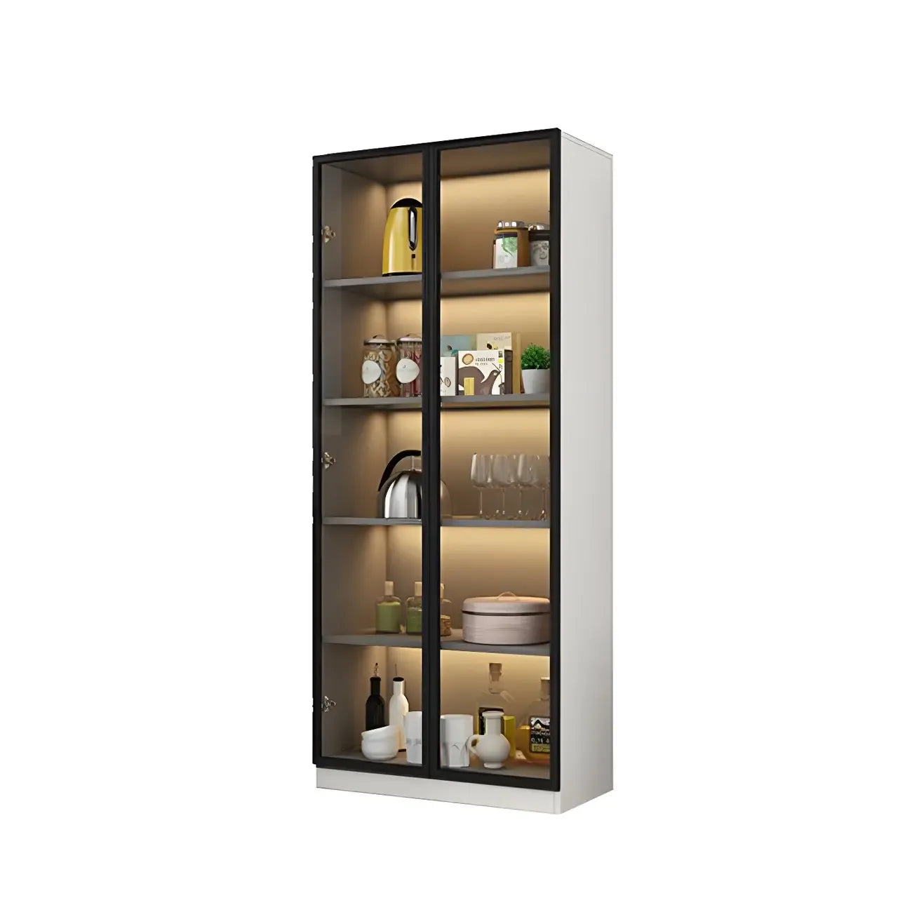 Vitrine moderne en bois gris avec portes vitrées