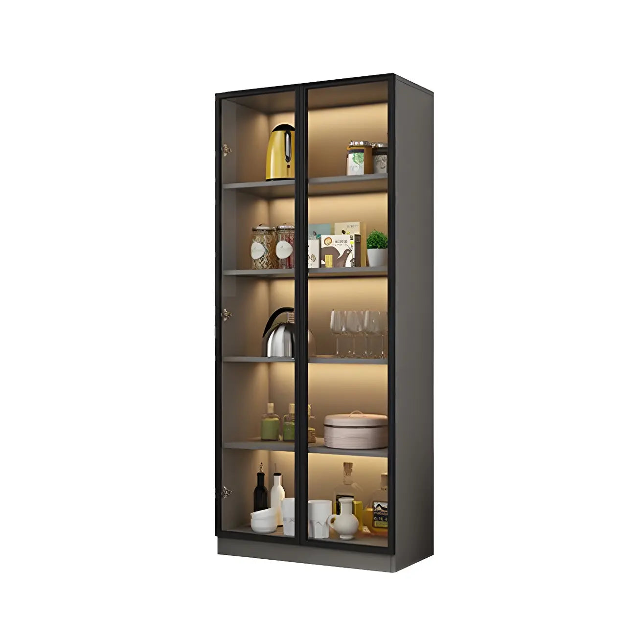 Vitrine moderne en bois gris avec portes vitrées