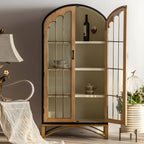 Vitrine moderne cintrée en bois clair et porte vitrée