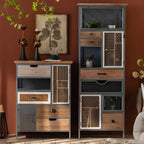 Vitrine moderne cintrée en bois clair et porte vitrée