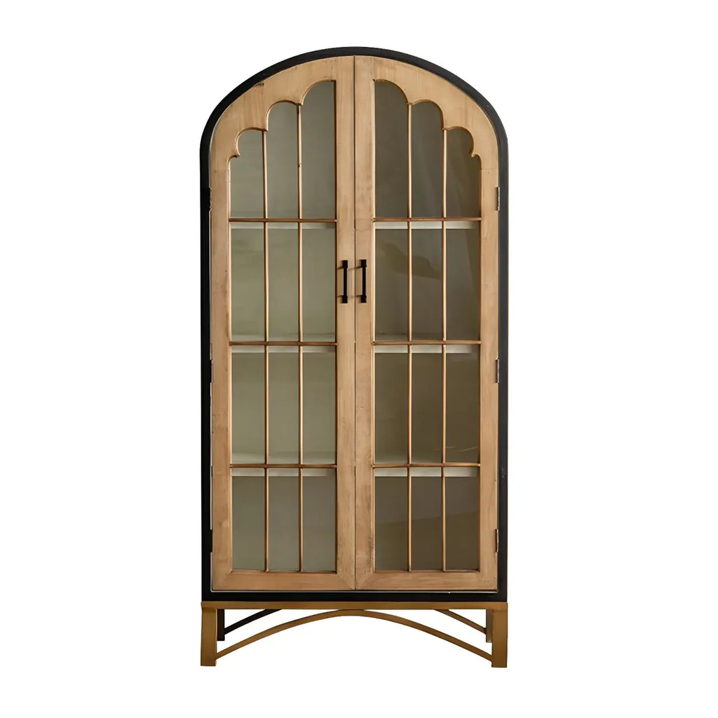 Vitrine moderne cintrée en bois clair et porte vitrée