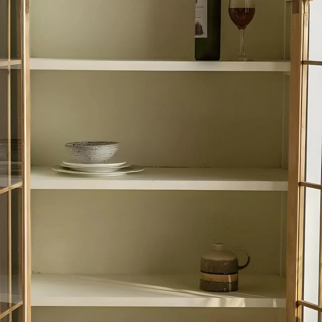Vitrine moderne cintrée en bois clair et porte vitrée