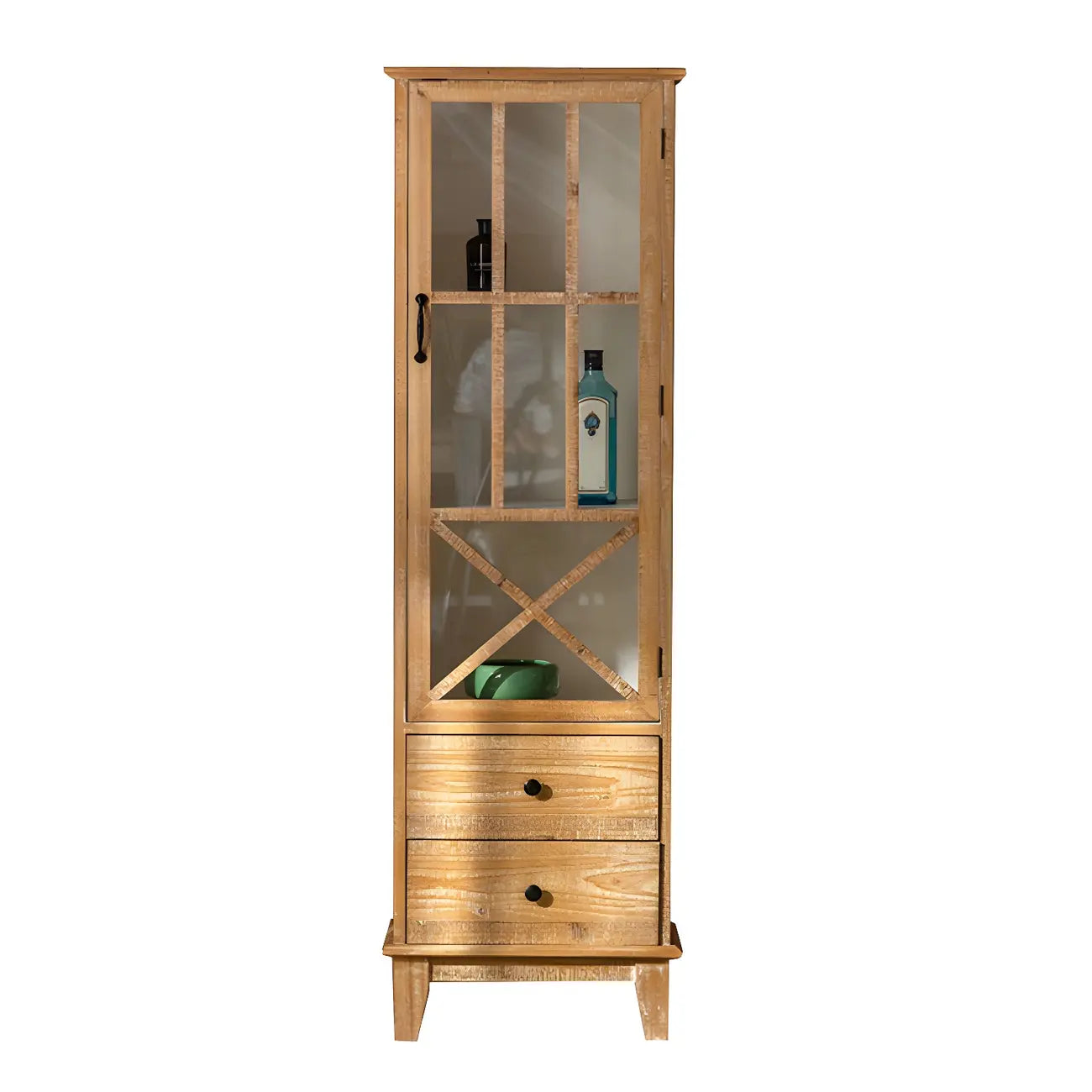 Vitrine moderne cintrée en bois clair et porte vitrée