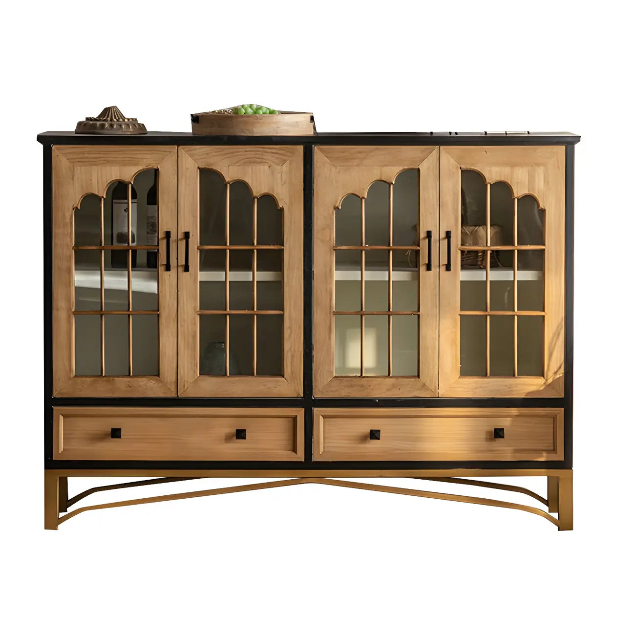 Vitrine moderne cintrée en bois clair et porte vitrée