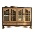 Vitrine moderne cintrée en bois clair et porte vitrée