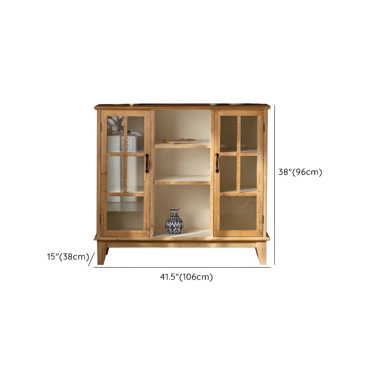 Vitrine moderne cintrée en bois clair et porte vitrée