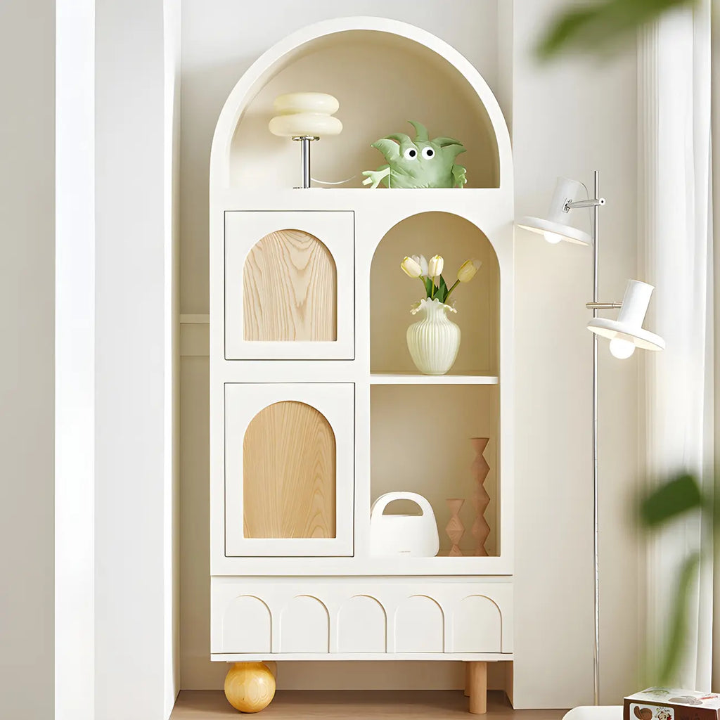 Vitrine de rangement ouverte moderne en bois blanc avec arc, style moderne