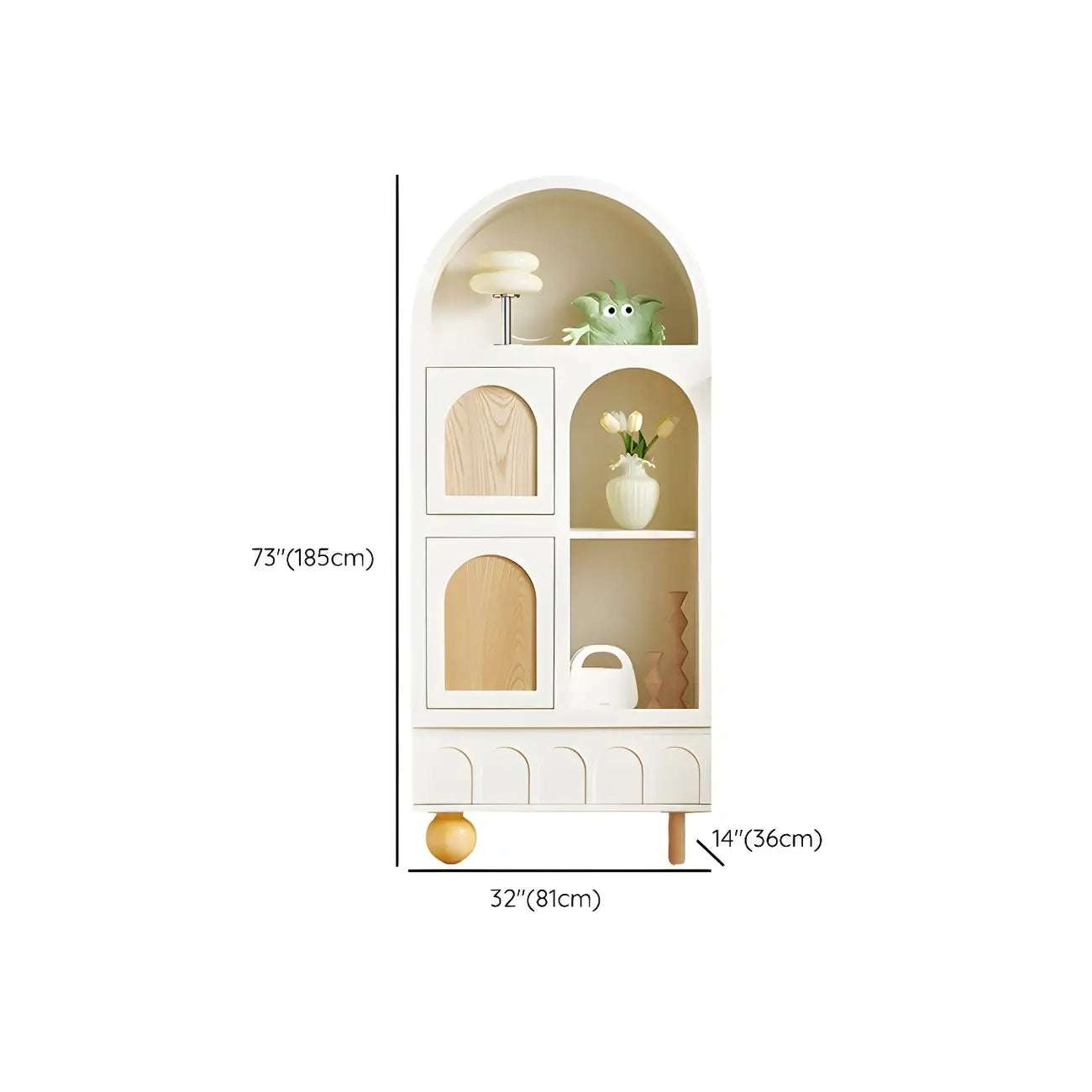 Vitrine de rangement ouverte moderne en bois blanc avec arc, style moderne