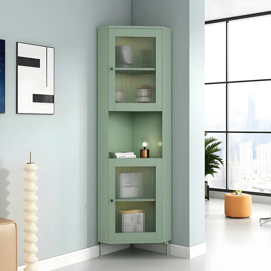 Vitrine d'angle à étagères réglables en bois vert