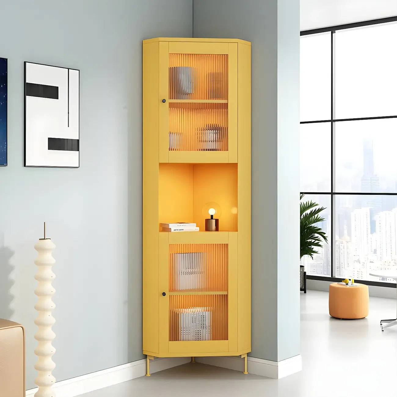 Vitrine d'angle à étagères réglables en bois vert