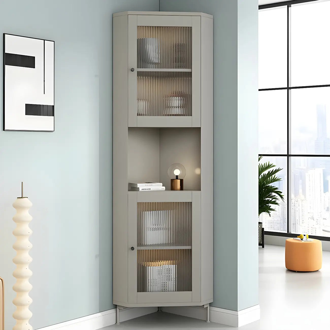 Vitrine d'angle à étagères réglables en bois vert