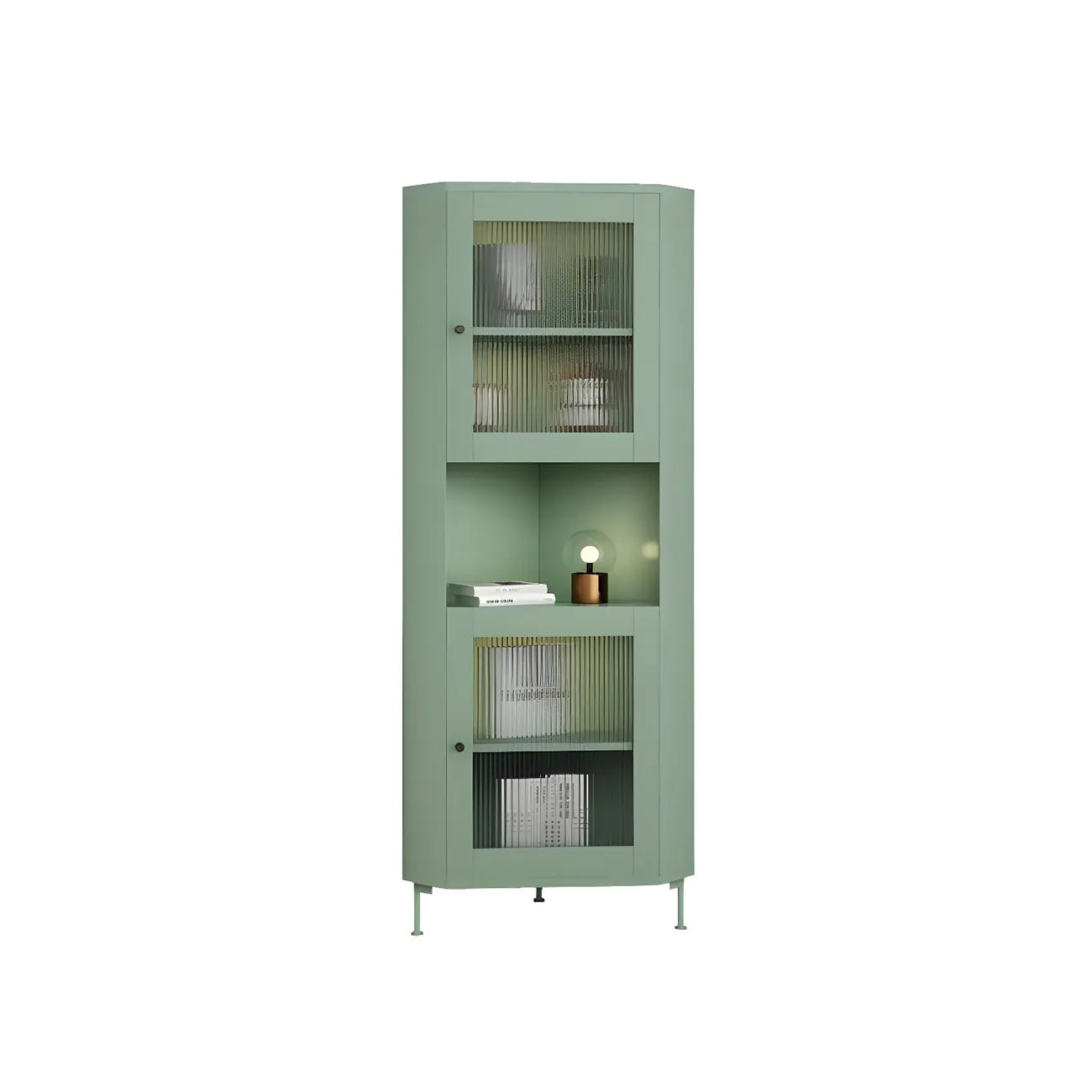 Vitrine d'angle à étagères réglables en bois vert