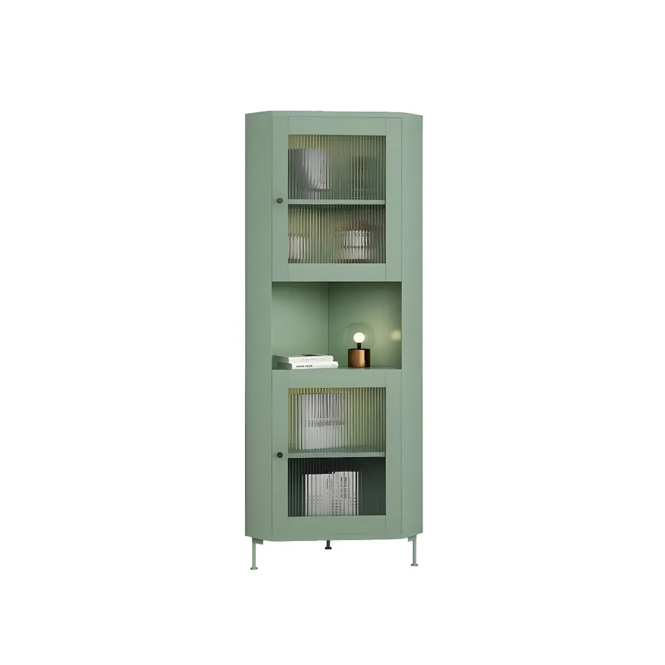 Vitrine d'angle à étagères réglables en bois vert