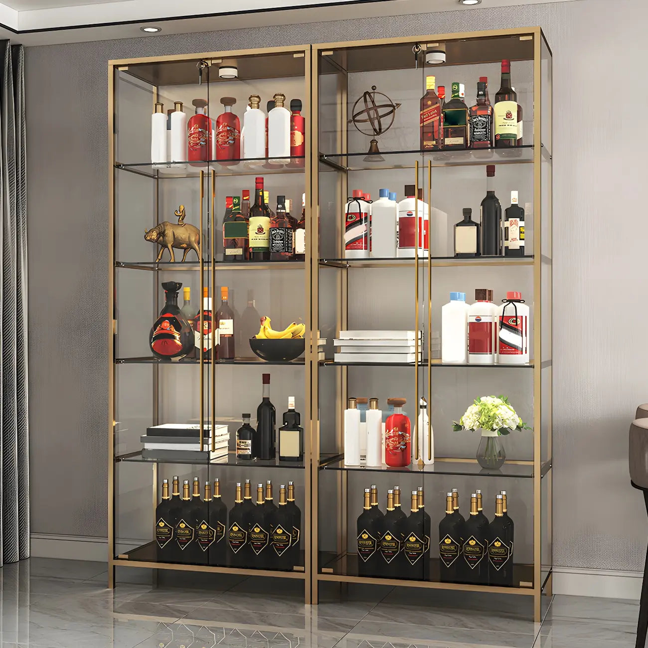 Vitrine standard moderne à étagère en verre doré
