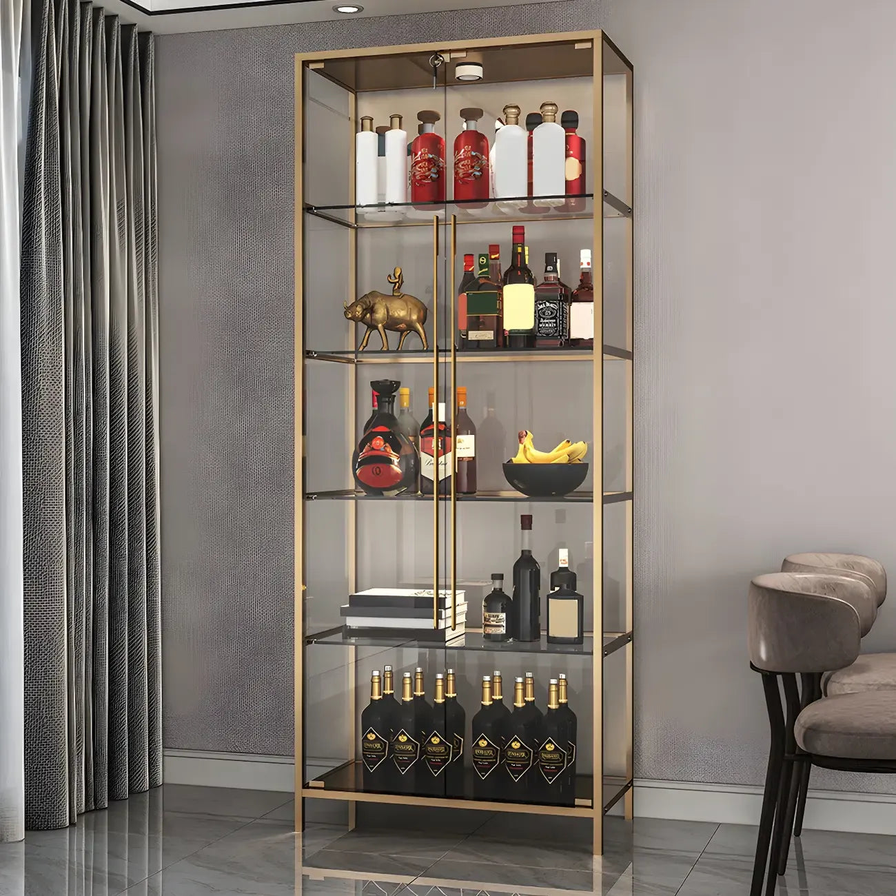 Vitrine standard moderne à étagère en verre doré