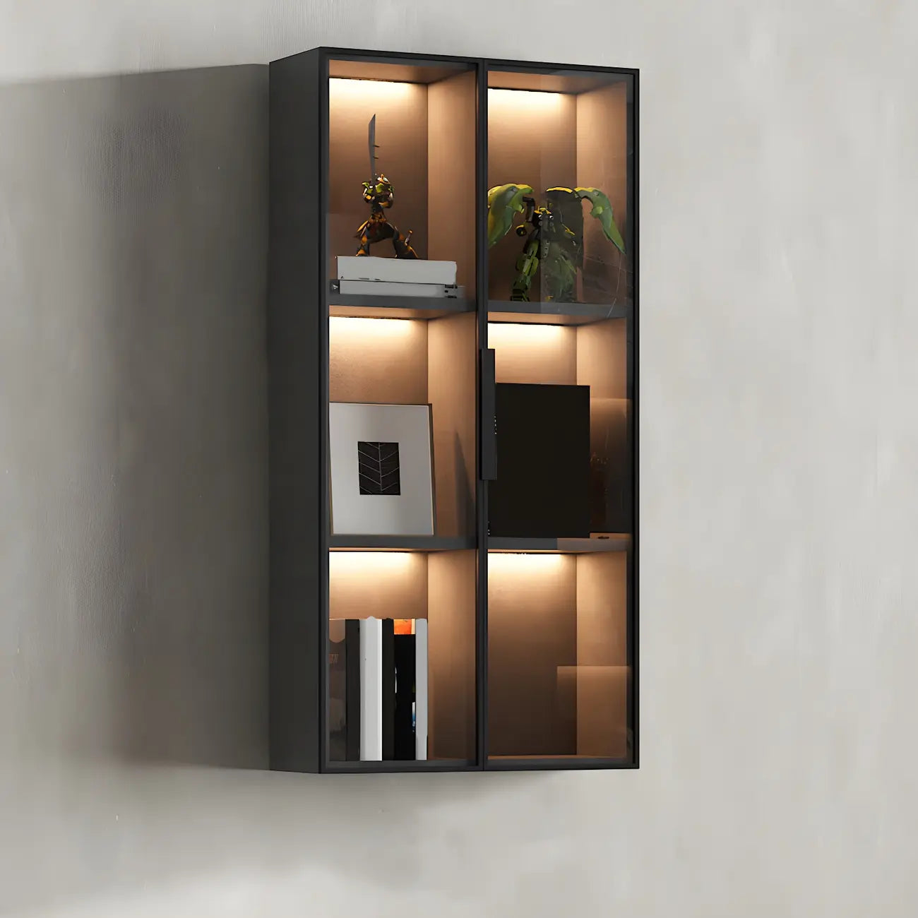 Vitrine murale en bois noir à plusieurs étagères