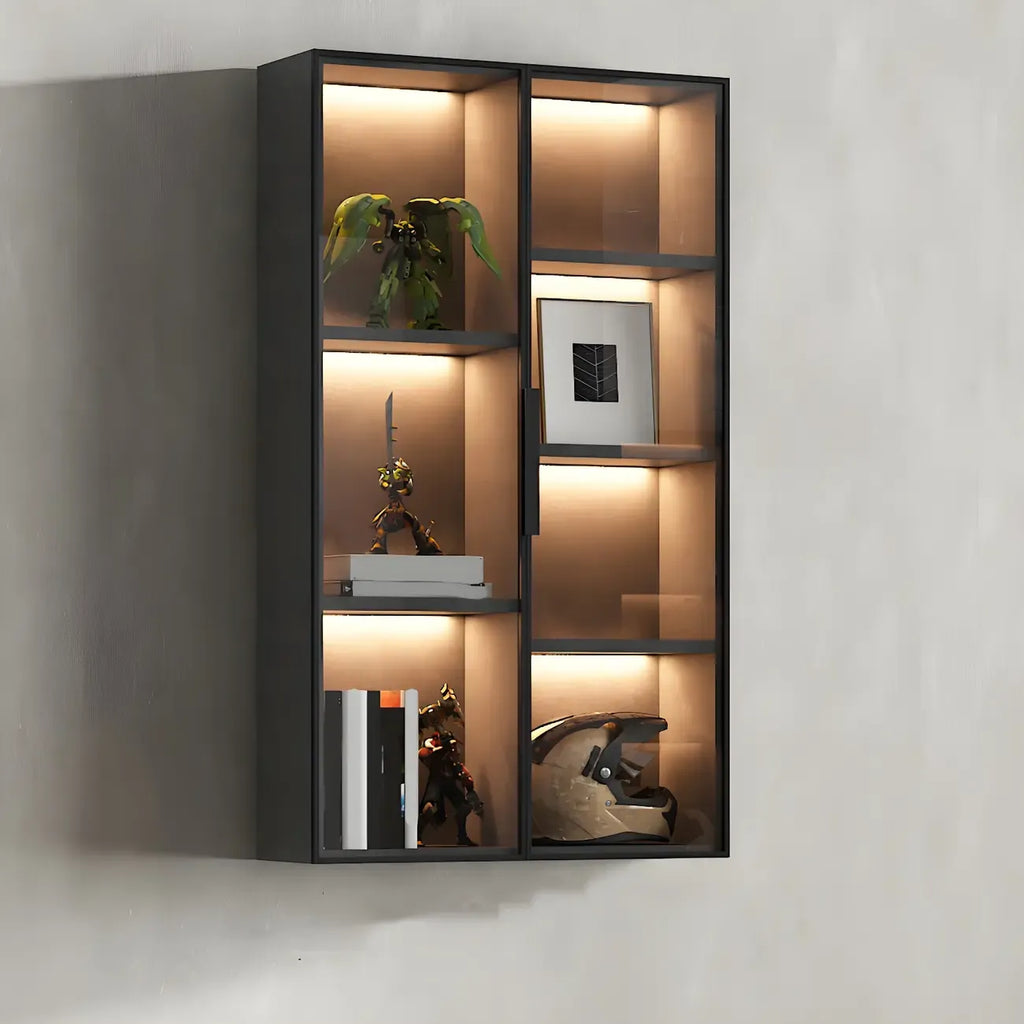 Vitrine murale en bois noir à plusieurs étagères