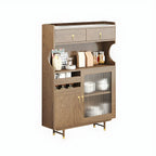 vaisselier de cuisine en bois brun avec porte vitrée et rangements